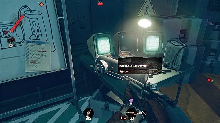 After killing the last Wenjie (she will turn into a large motionless creature), return to the board with attached notes and find Portable Harvester - the picture above shows the device - Deathloop: Ubiquity - walkthrough - Arsenal Leads - Deathloop Guide