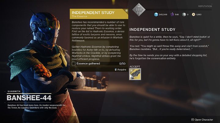 To complete the Essence task you need to collect 50 Hadronic Essences by performing various activities - Destiny 2: How to get Thorn revolver? - Destiny 2: Exotic Weapon Quests - Destiny 2 Game Guide